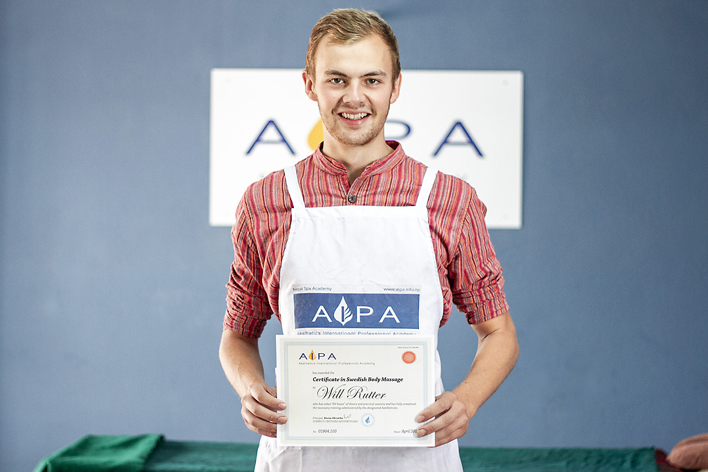 Will Rutter upon graduating with Swedish Massage Certification. AIPA - Nepal Spa Academy